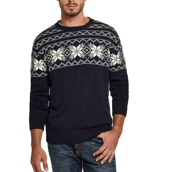 Weatherproof Blue Fair Isle Navy Sweater Cotton Crewneck White Snowflake Design - Picture 1 of 10